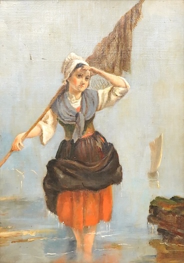 19th century, Naive school, Full length study of a fisherwoman, unsigned, oil on canvas, 40 x 28cm, gilt framed